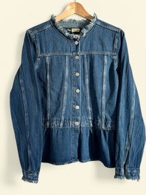Suzanne Betro Y2K Denim Peplum Jacket Frayed Trim Button Front Medium
